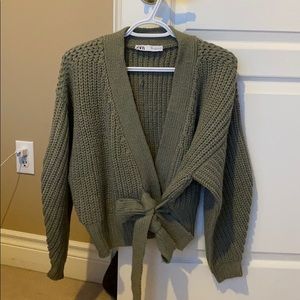 Olive gray Zara tied cardigan